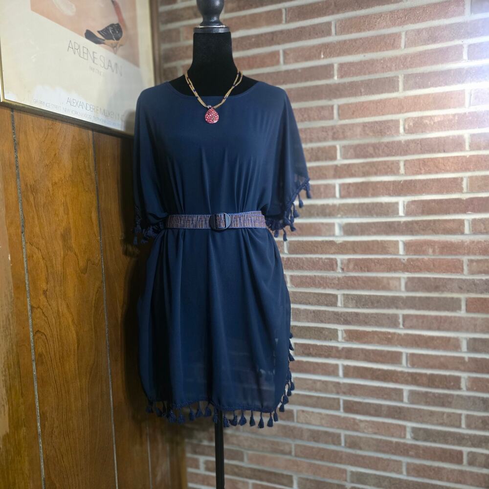 Unbranded Navy Blue Tassel Trim Kaftan Cover Up Dress Oversized Resortwear Boho